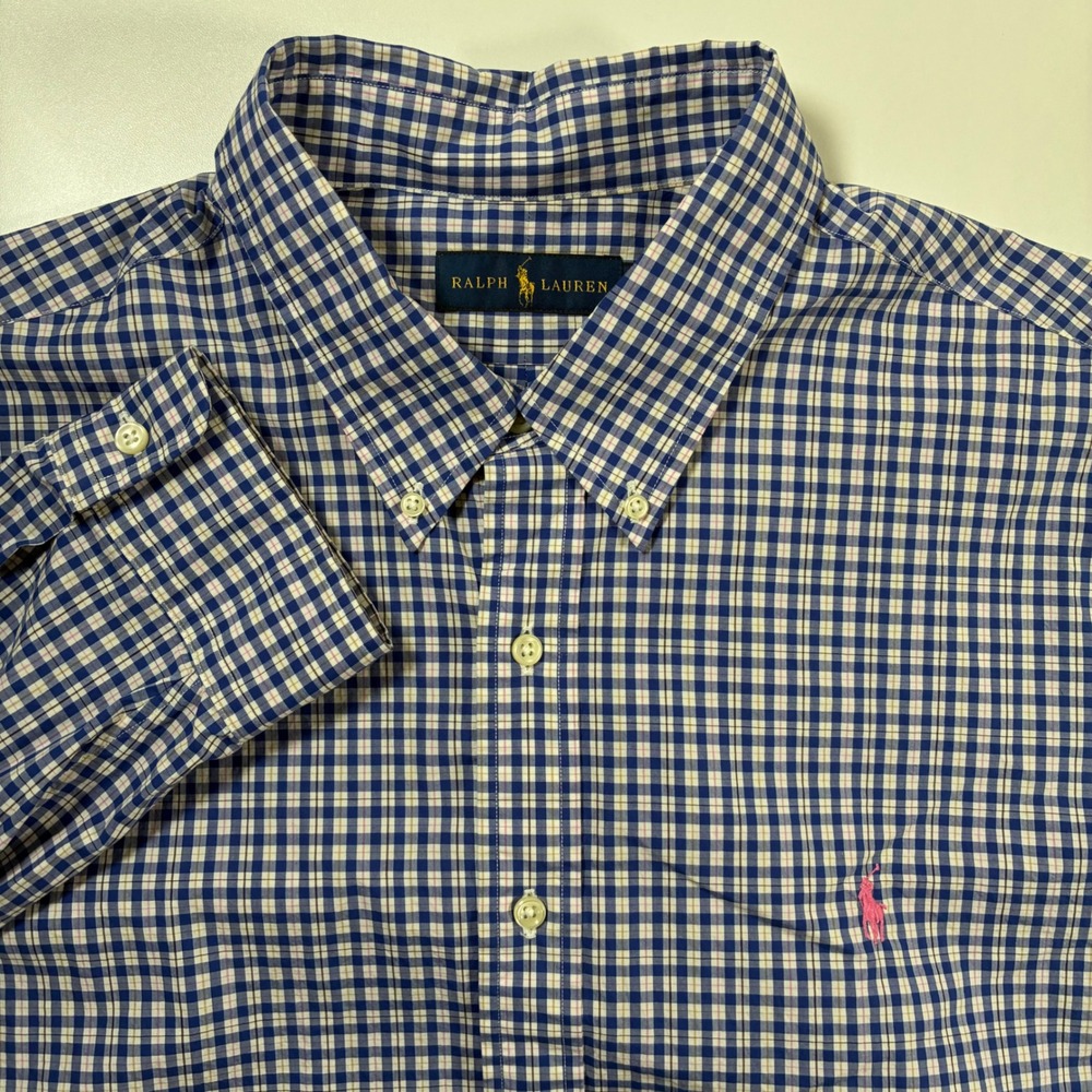 Ralph Lauren Button Down Shirt 2XL‎ Blue Gingham Check Plaid Pony Oxford